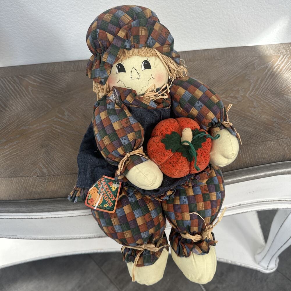Vtg Harvest Creations Scarecrow Doll Denim‎ Pumpkin Fall Decor Cottagecore 90s